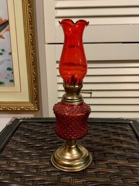 Vintage Glass Gold Tone Metal Base Red Kerosene Oil Table Lamp